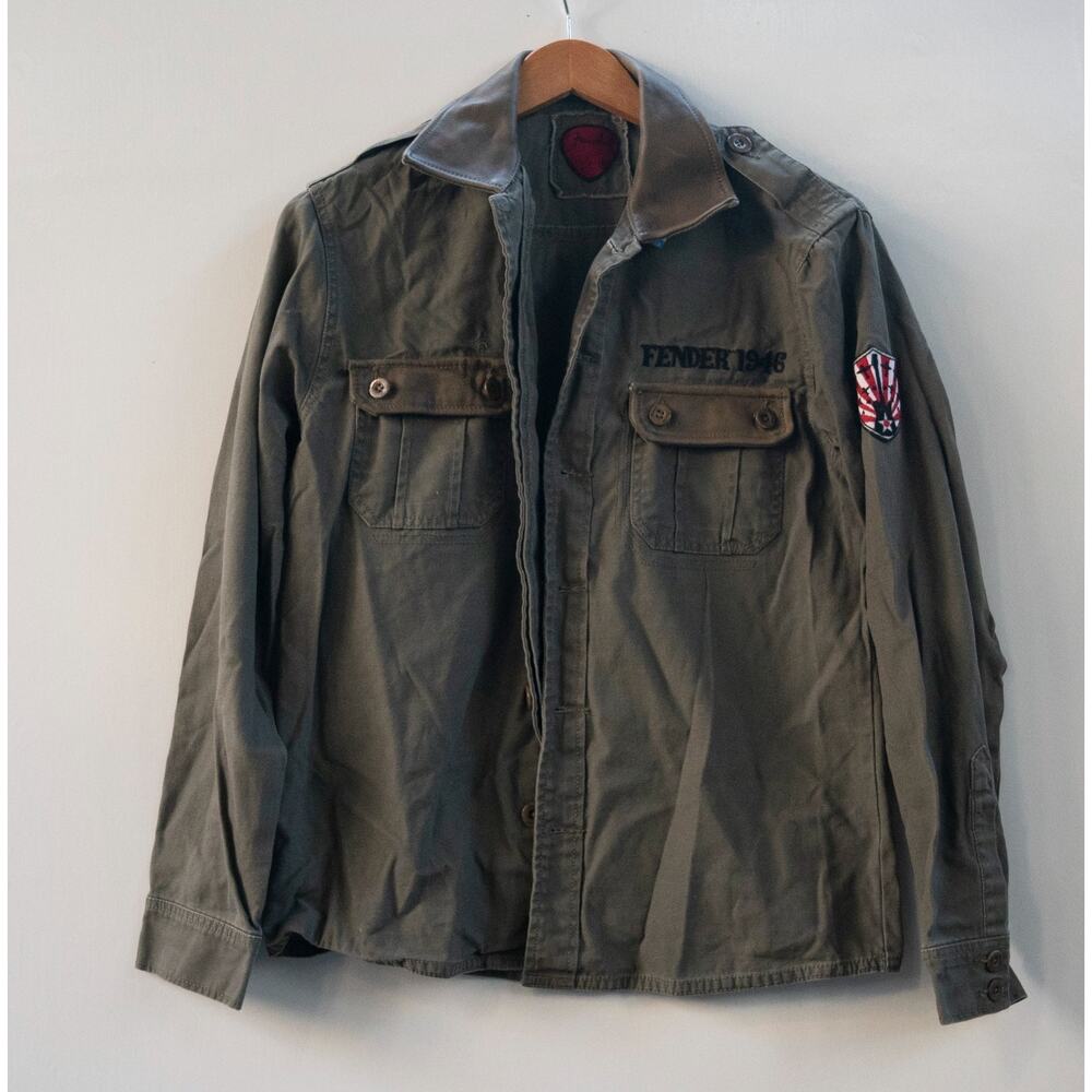 Men's Fender Olive Green Military Style Shirt Leather Collar & Pocket Flaps Sz S